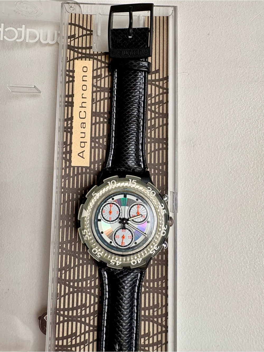 Swatch Iridescent Dial Chronograph with Black Leather Strap